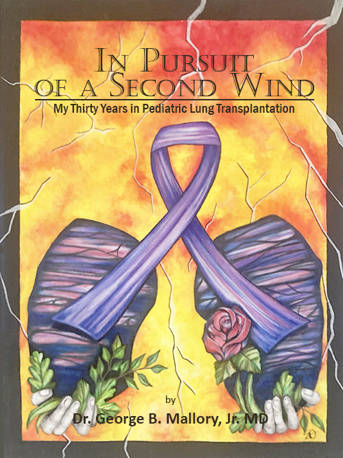 Watercolor painting of lungs with a purple awareness ribbon, roses, and clasped hands against a fiery background